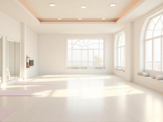Bright and airy group fitness studio at Al Saqr Fitness ready for a class
