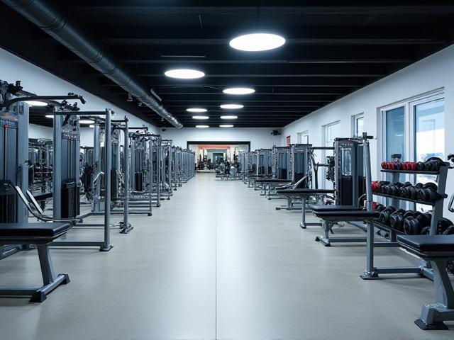 Spacious strength training area at Al Saqr Fitness with various weights and machines
